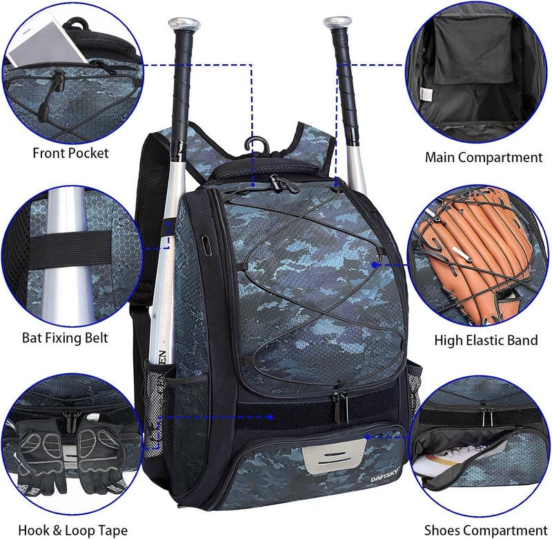 DAFISKY Baseball Bag Softball Backpack - Youth Adult T Ball Bat Equipment Bag with Bat Helmet Holders, Shoe Compartment - Image 4
